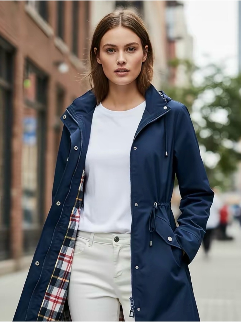 Women's Navy Hooded Raincoat with Drawstring Waist